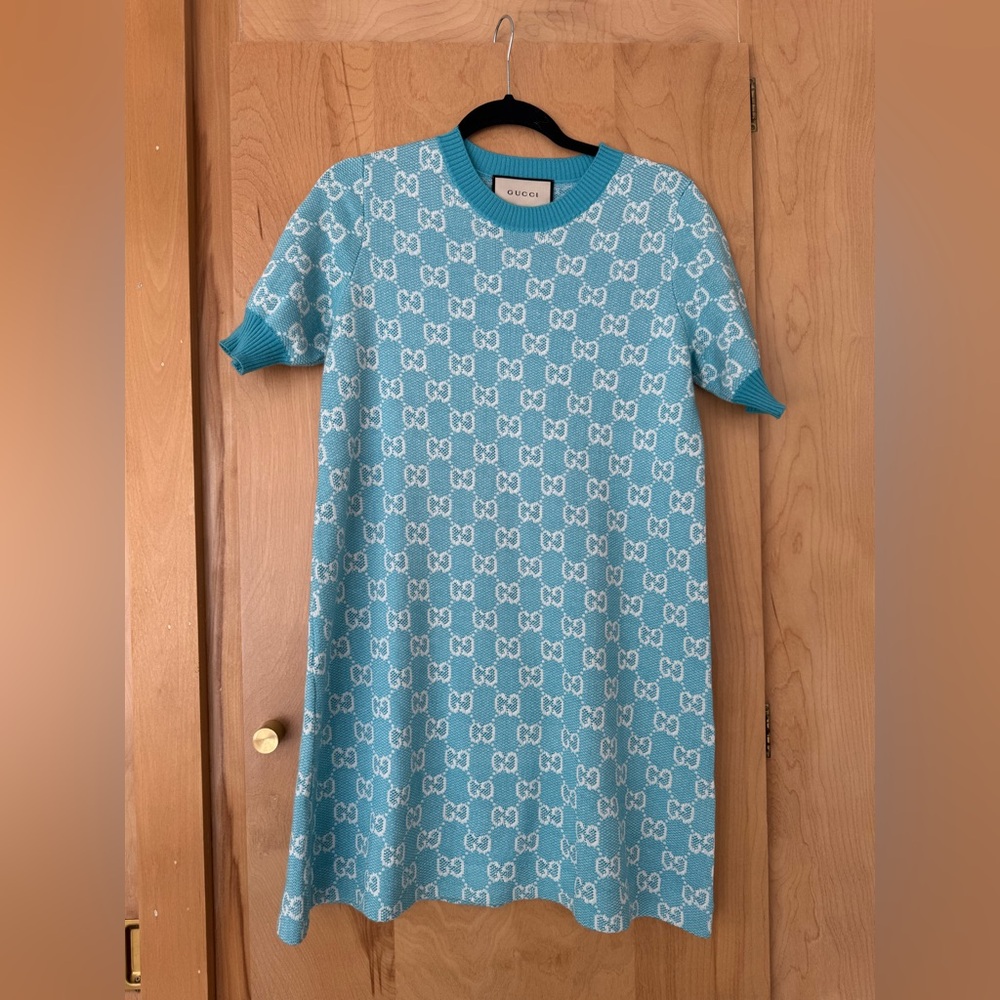 GUCCI light blue and white logo sweater dress size small